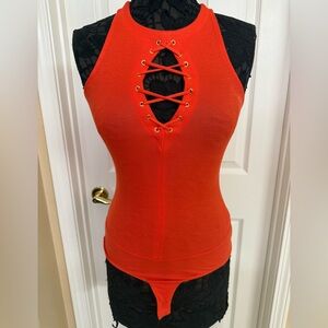 Women's Lace-Up Halter Bodysuit - Orange